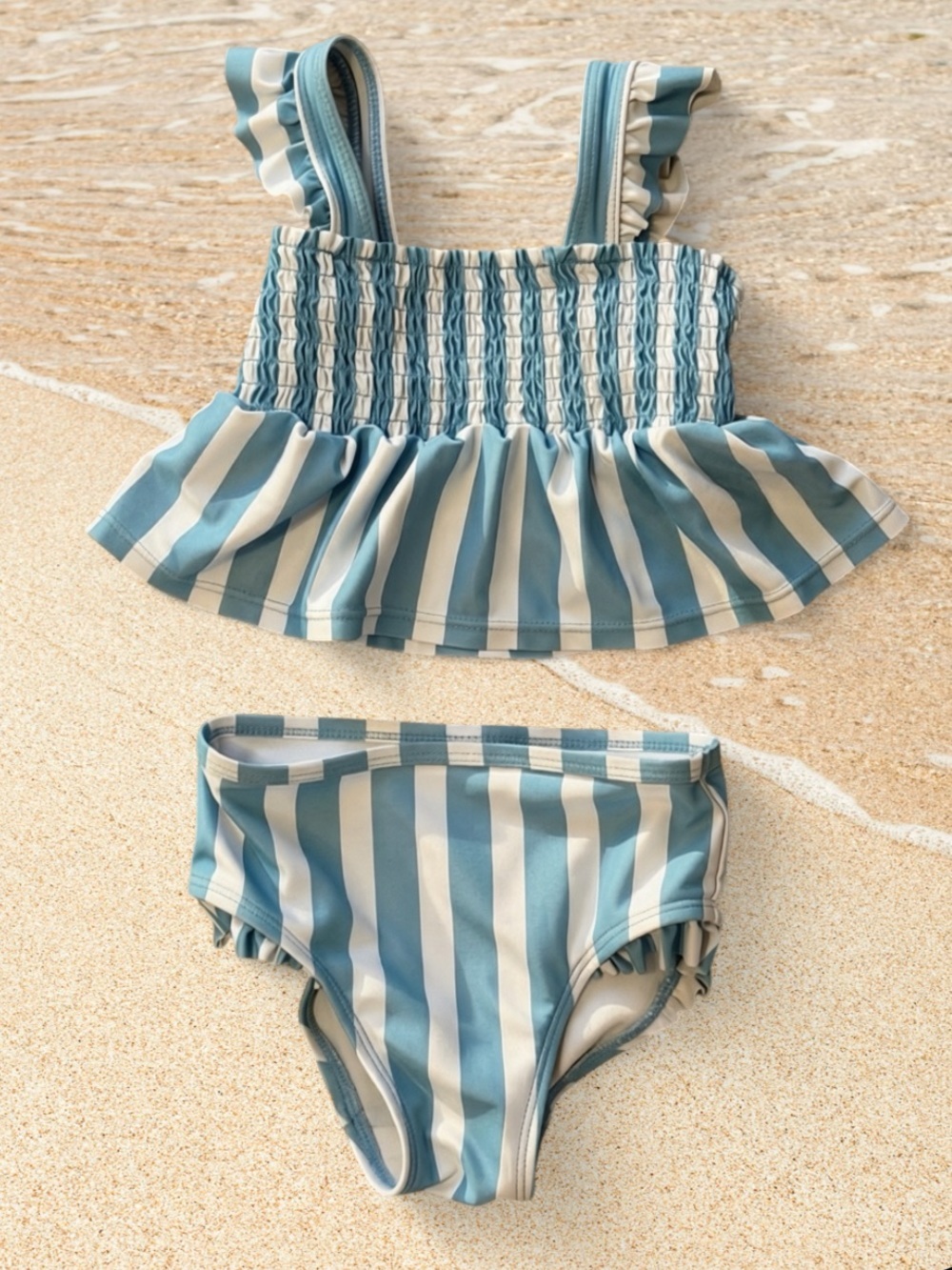 Carter's Blue White Striped Smocked Ruffle Swimsuit Set Size 2T